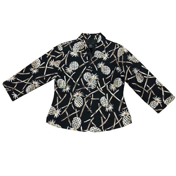 VTG Silkland Medium Black Gold‎ Sequin Pineapples Silk Jacket Blazer Vintage - Picture 1 of 6